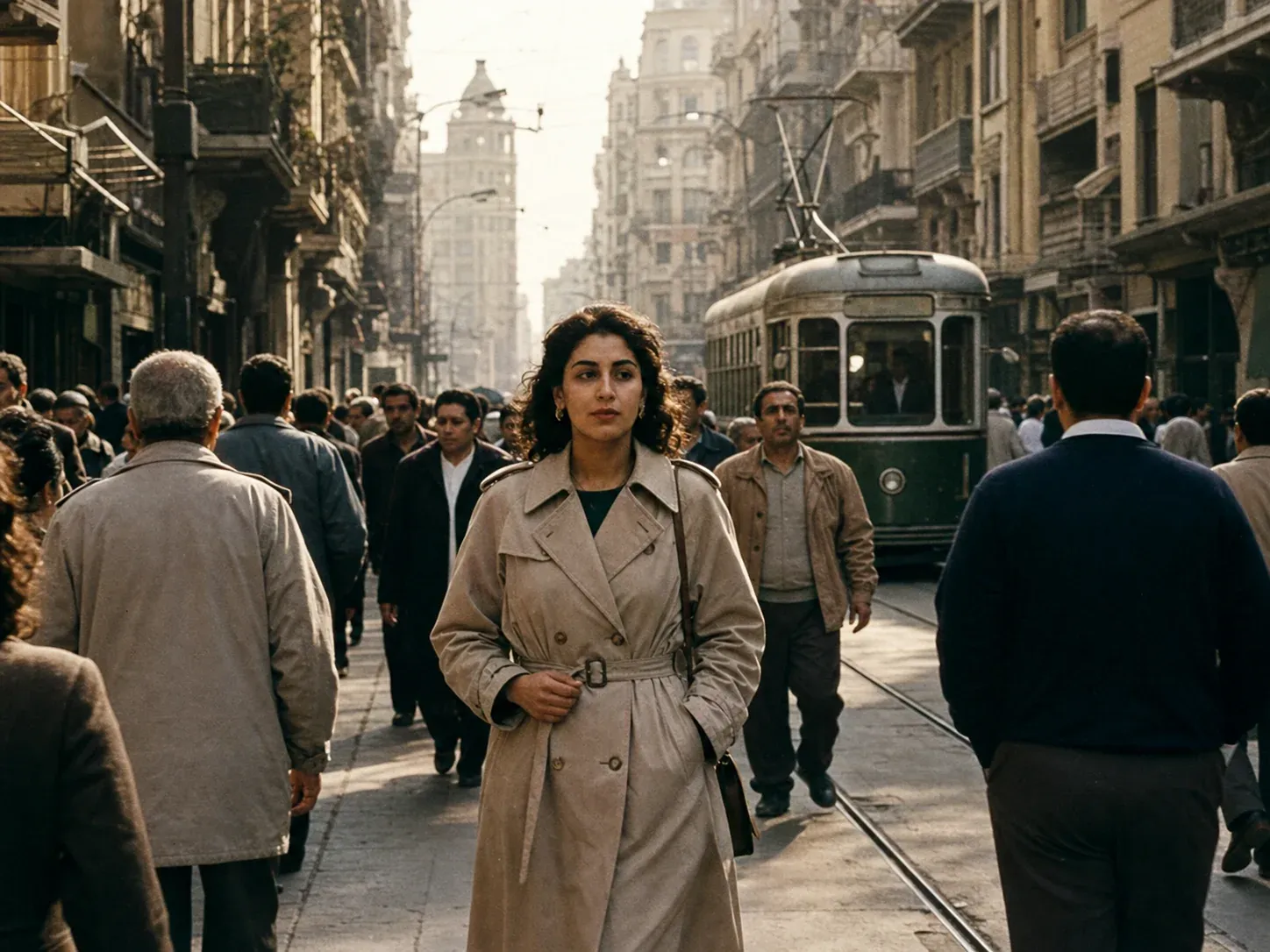 لقطة مولَّدة: امرأة بمعطف بيج تعبر شارع ترام مزدحماً بالإسكندرية بأسلوب فيلم سينمائي قديم