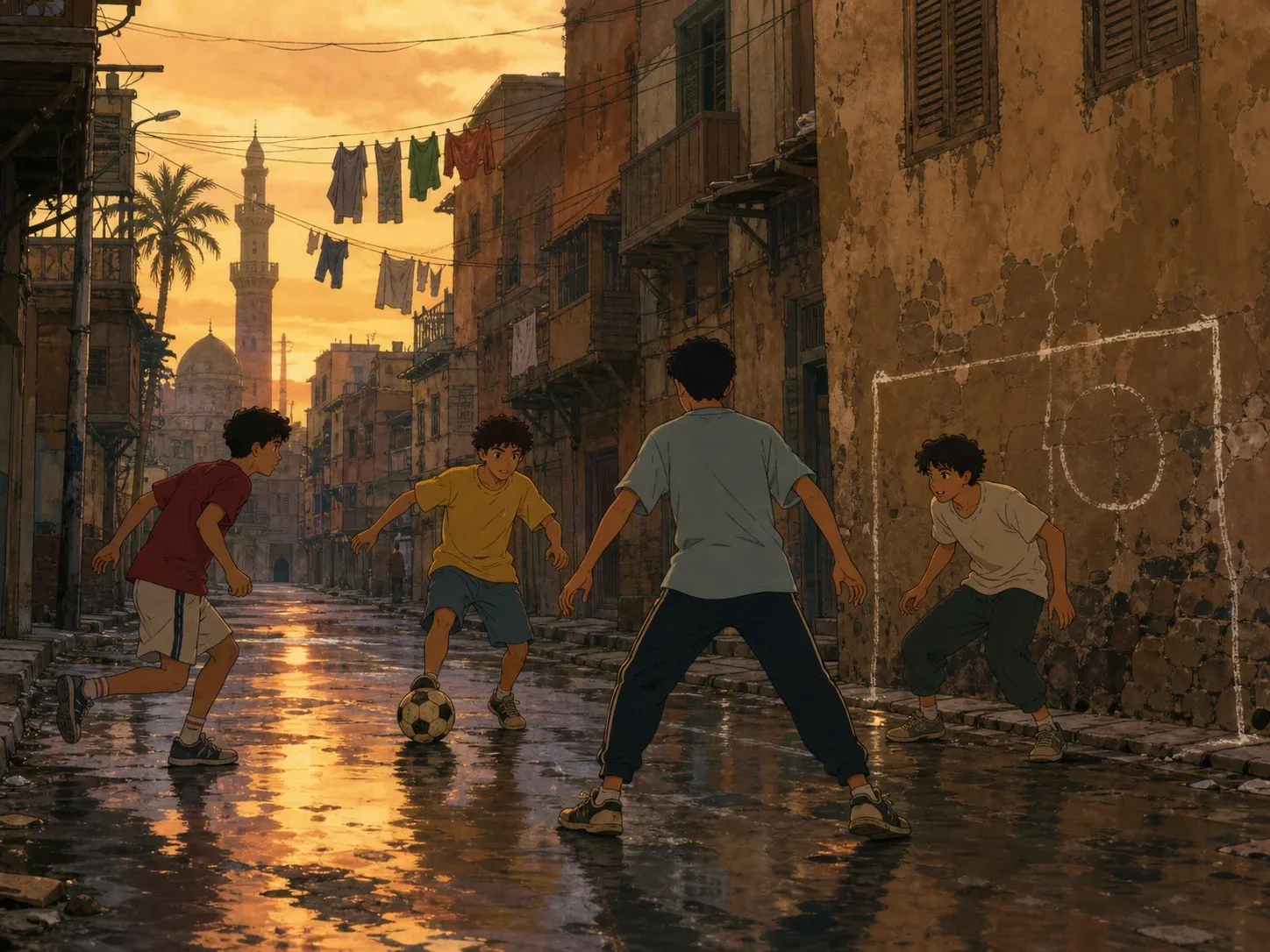 لقطة مولَّدة: أربعة مراهقين يلعبون كرة القدم في حارة قاهرية مبللة عند الغروب