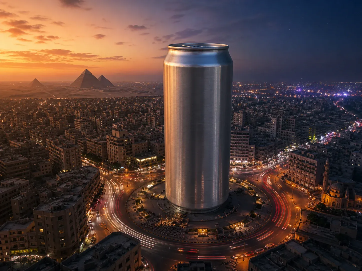 لقطة مولَّدة: علبة مشروب طاقة عملاقة فوق القاهرة عند لحظة تحوّل النهار إلى الليل مع آثار أضواء السيارات